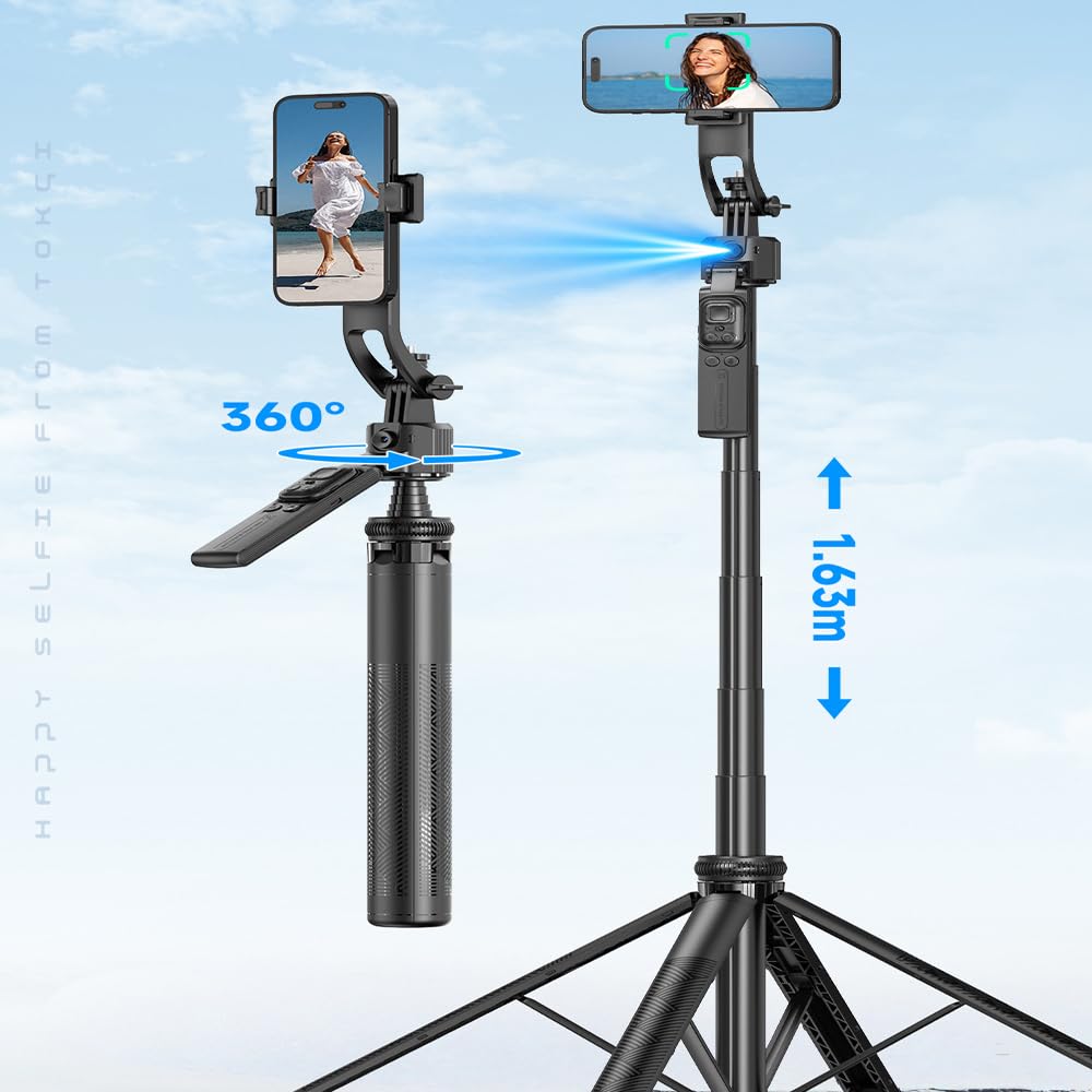 BSLVWG Stabilisateur de cardan pour smartphone avec suivi du visage, support pliable et portable, trépied portable pour iPhone et Android, rotation infinie à 360°, extensible jusqu'à 160 cm