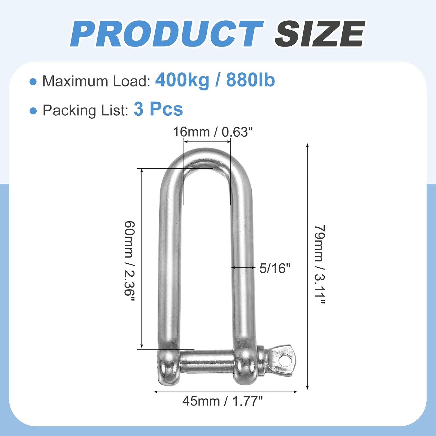 PATIKIL D Ring Shackles, (5/16" 8mm, 3 Pcs), 304 Stainless Steel D Extended Screw Pin Shackle Heavy Duty Mini Bow Clevis, Suit for-Outdoor/Chain/Boat/Sailboat/Rigging/Marine/Camping
