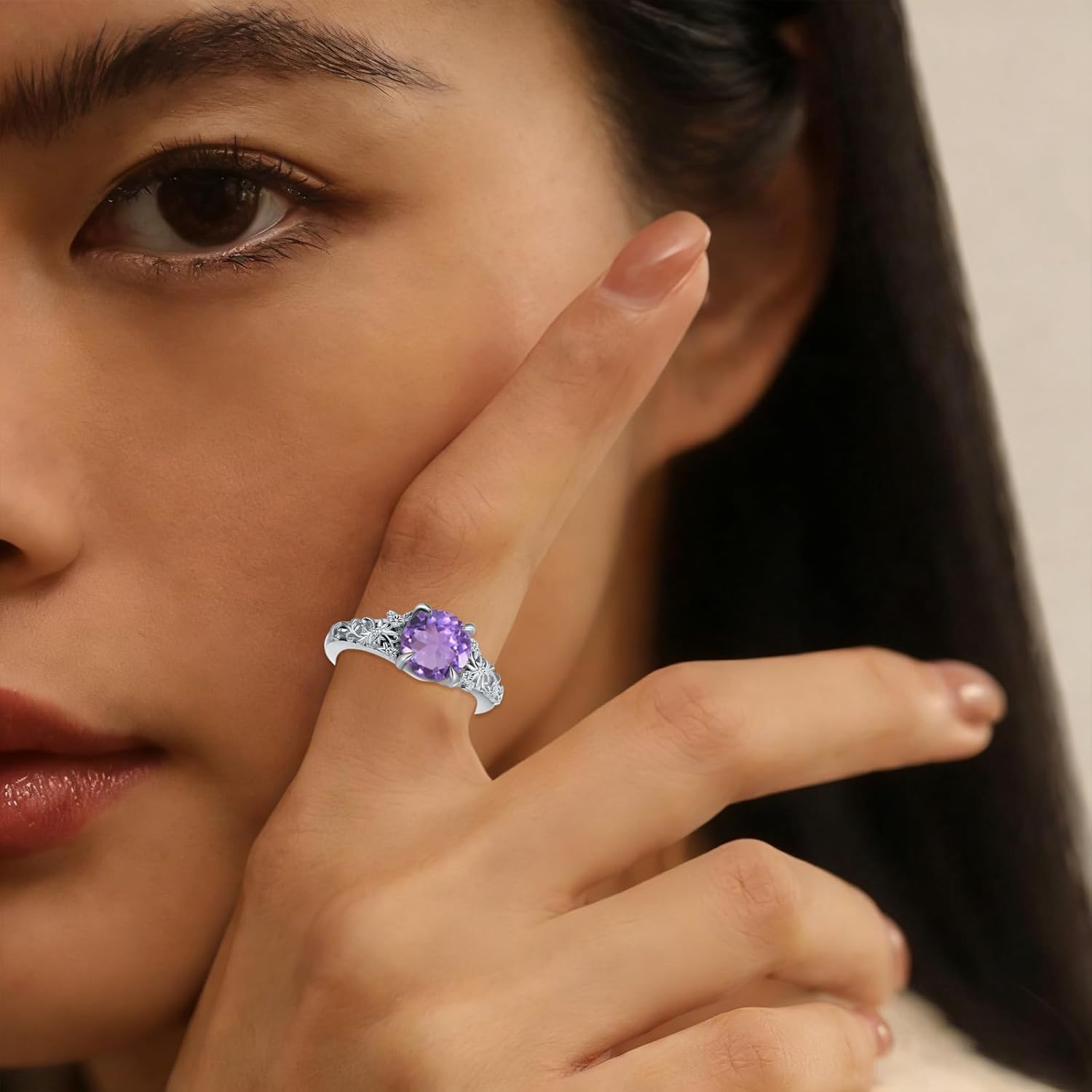 Vintage Floral Engagement Ring for Women, Sterling Silver with Round Cut Natural Gemstone (Amethyst, Turquoise, Black Onyx, Moonstone, Amber), Boho Promise Ring Birthday Gift - Image 6