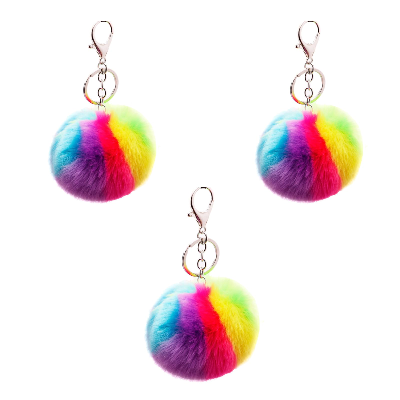 STBNVF3Pcs Pom Pom Keyrings, Fluffy Keyring, Kids Keyrings for School Bags, Pompom Keychain, Large Keyring, Faux Fur Ball Pendant with Gold Plated Keyring for Women Girl Handbag Backpack Hanging Decoration