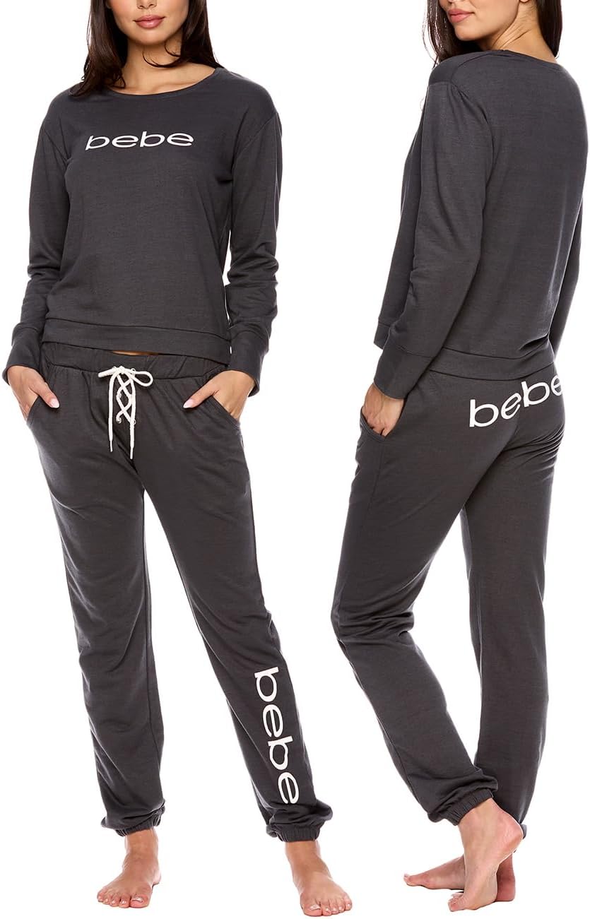 bebe Womens Pajama Sets - French Terry Pajamas Long Sleeve Pullover Top and PJ Pants with Pockets - Sleepwear for Women