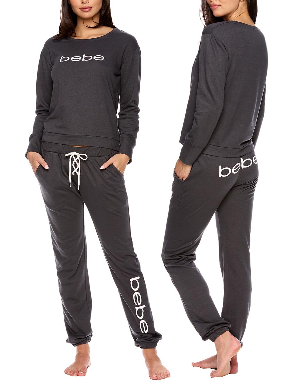 bebe Womens Pajama Sets - French Terry Pajamas Long Sleeve Pullover Top and PJ Pants with Pockets - Sleepwear for Women