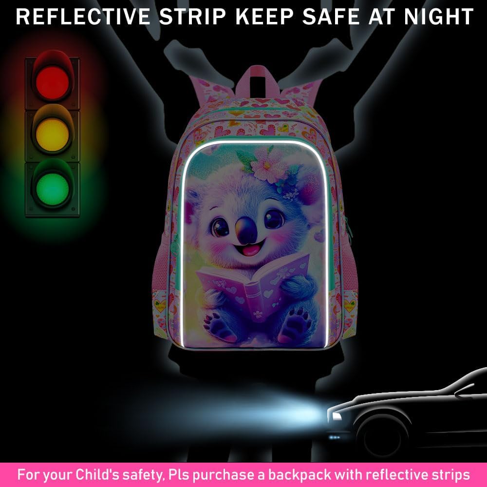 gxtvo 3PCS Koala Backpack for Girls, 16" Kids Bookbag with Lunch Box, Water Resistant School Bag for Elementary Preschool Toddler - Reading Koala Pink