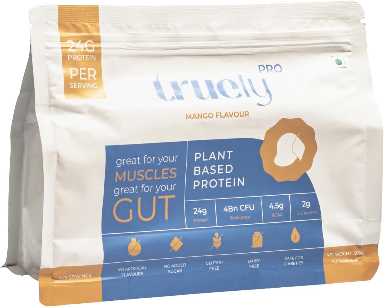 Pro - Vegan Plant Protein | 24G Protein/Serving | 4 Bn CFU Probiotics | 3 Protein Sources - Pea, Brown Rice & Moong Bean | No Artificial Flavours | THIRD-PARTY TESTED (500 Gm, Mango)