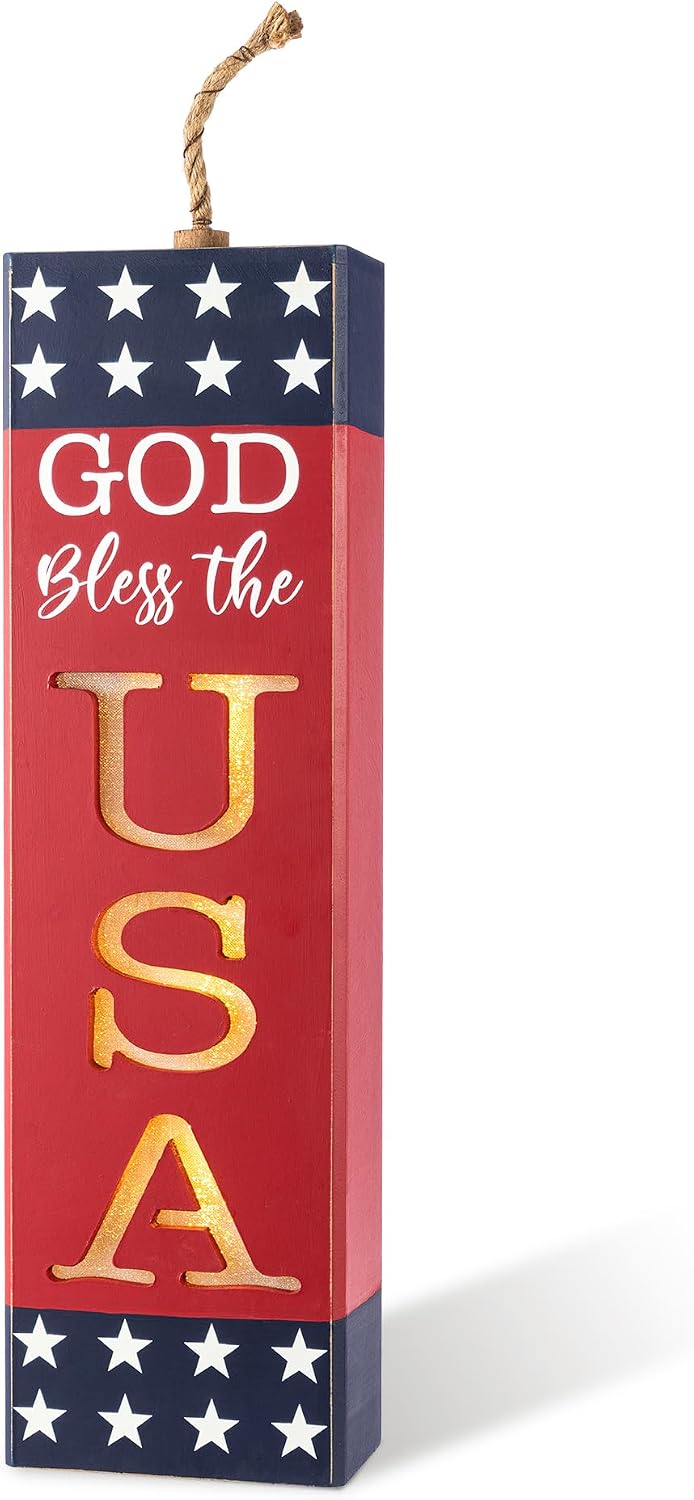 Glitzhome 24.75"H Wooden Patriotic Porch Sign, 4th of July Firecracker Decoration, Rustic Memorial Day Decor, American Flag Independence Day Yard Sign, Home Front Door Decoration