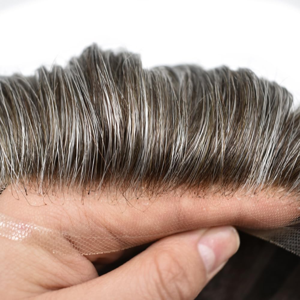 Hair System For Men Human Hair Fine Mono Mens Toupee Hair Pieces French Lace Front Toupee For Men Hair Prosthesis Natural Hairline 8x10 Medium Light Density #340#3 Dark Brown+40% Grey