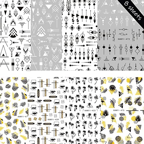 8 Sheets Geometric Nail Art Stickers Decals Whitle Black Nail Decals Palms Leaves Self Adhesive Nail Art Supplies For Nail Decoration Summer Beach Nail Stickers For Women Manicure Diy Design #TOP6