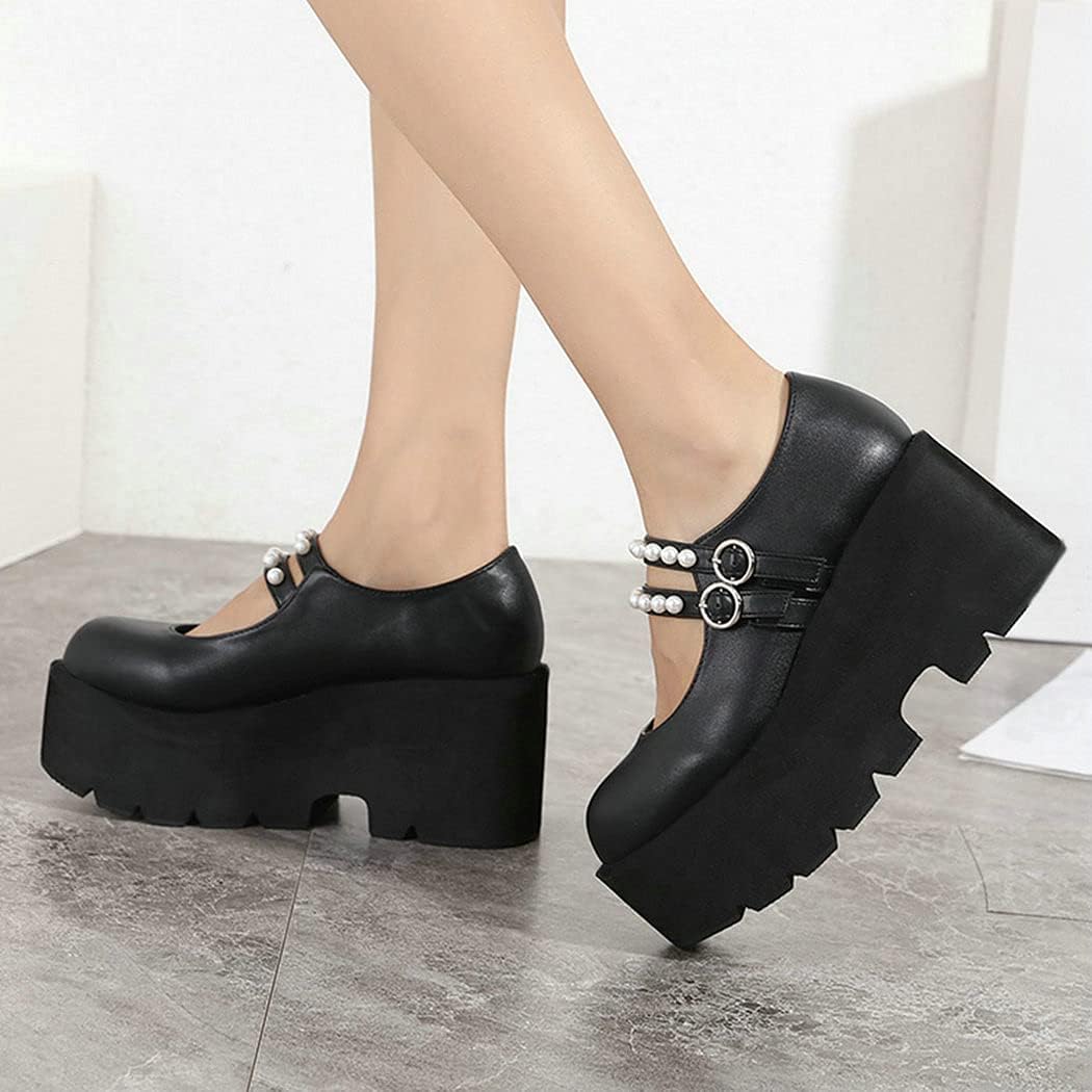 KIKIVIVI Womens Platform Chunky High Heel Mary Jane Double Ankle Strap Goth Pumps