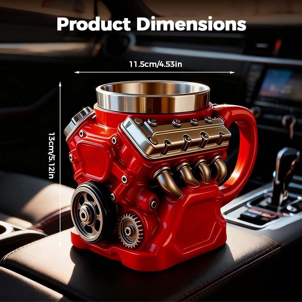 Engine Coffee Mug with Spoon, Red Resin and Stainless Steel Creative Car Engine Cup, Steampunk Industrial Design Collectible Gift for Car Enthusiasts (4)