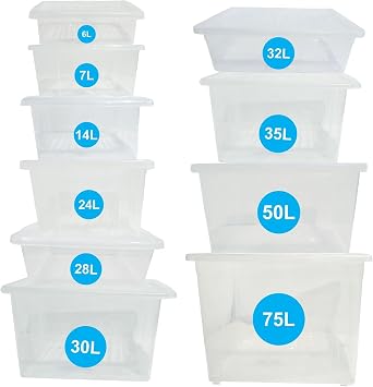 RelianceUK Storage Boxes With Lids (7 Litre / 4 Pack) | Clear Plastic Storage Box With Lids for Clothes Shelves Shoes Crafts | 7L Multipurpose Storage Tubs for Home Office Kitchen