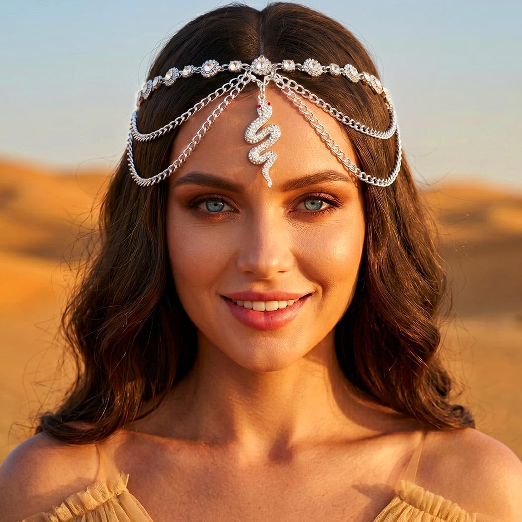 ACEDRE Rhinestone Snake Head Chain Boho Gold Egyptian Headpiece for Women | Snake Gold Forehead Headpiece Egypt Bohemian Head Jewelry Halloween Cleopatra Costume Hair Accessories