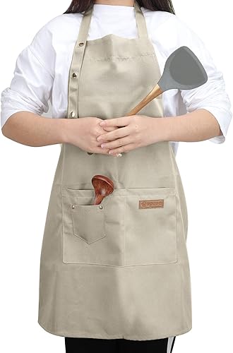 YIUJEFDA Aprons for Women Men with Pockets Adjustable Straps Waterproof Canvas Kitchen Cooking Apron for Chef Waitress Server