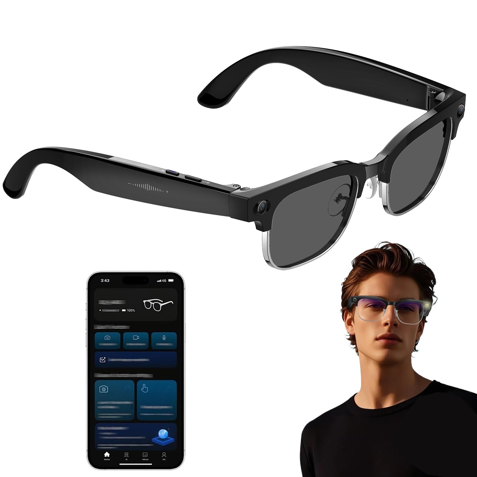 AI Occhiali Intelligenti Con 8MP Fotocamera, Supporta 32MP Foto E Video Stabilizzati 4K 1080P, Traduzione In Tempo Reale, Riduzione Del Rumore A Doppio Microfono(Sunglasses)