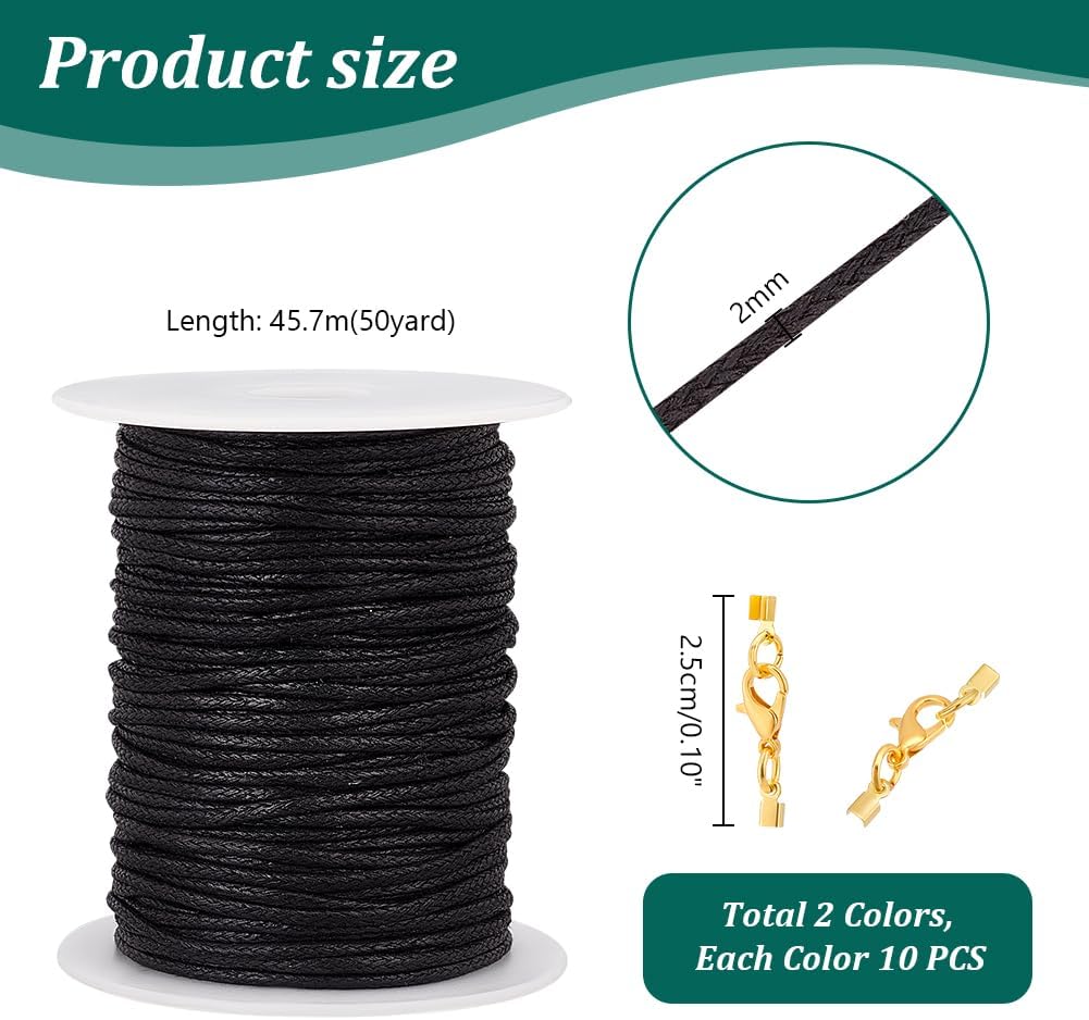 PH PandaHall Waxed Cord with Jewelry Clasp Kit, 50 Yards 2mm Black Waxed Cotton Threads with Lobster Claw Clasps Fold Over Cord Ends Wax Cord Beading String for DIY Bracelet Necklaces Jewelry Making
