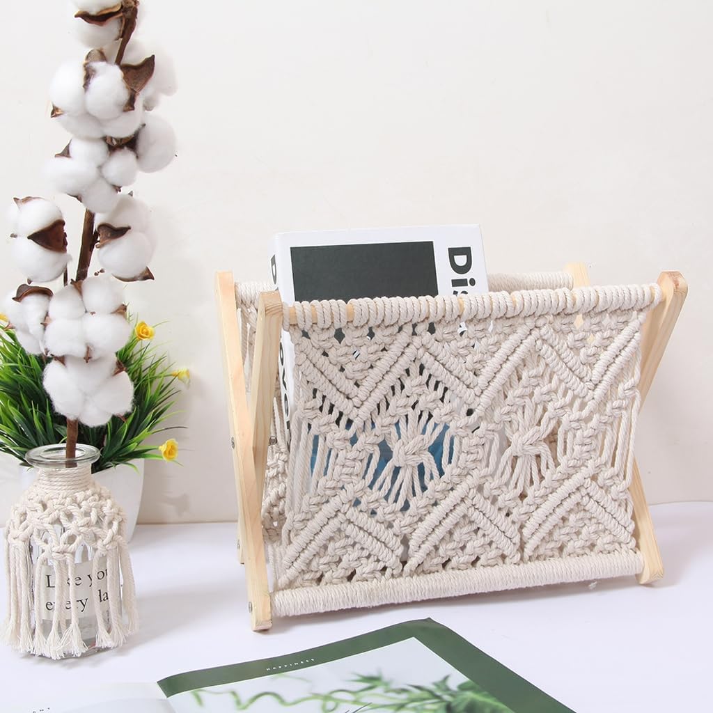 Nordic Cotton Woven Storage Basket Boho Macrame Knitting Folding Magazine Rack Desktop Book Shelf Photo Props