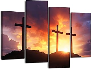 Weone Artwork 4 Panel Canvas Wall Art Christian Crucifixion Sunrise Three Crosses Hill Stretched & Framed Art Prints Modern Painting Wall Decoration Ready to Hang Unique Designed