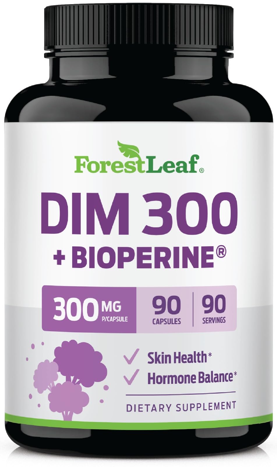 ForestLeaf DIM Supplement - 300mg DIM Estrogen Supplement for Women/Men - Diindolylmethane with BioPerine Black Pepper - Support for Detox, Metabolism, Hormone Balance & Menopause - 90 Caps