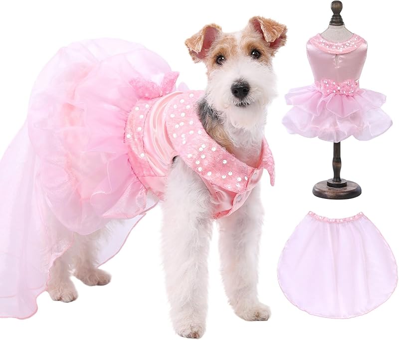Vestido para Cachorro com Véu, Colar de Pérolas e Barra Removível ASENKU Rosa M