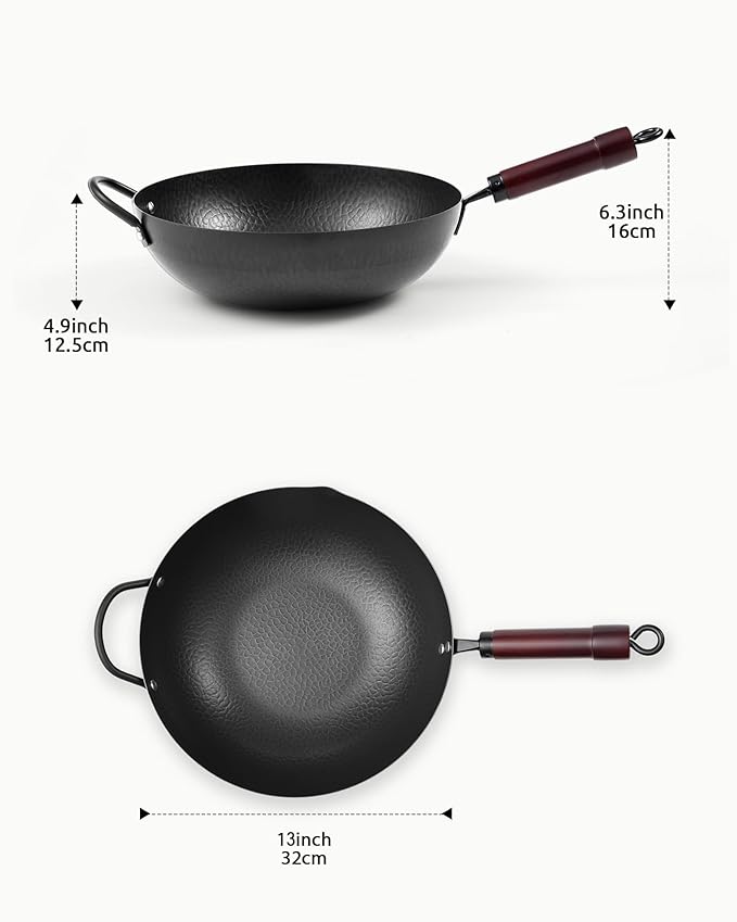 Wok de Acero al Carbono con Tapa de Madera, 13 Pulgadas, 5.8QT, Antiadherente Natural miniatura 2