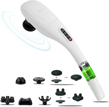 MEGAWISE Cordless Handheld Back Massager w/Rechargeable 3200mAh Battery, 5 Speed and 5 +2 Massage Nodes with Hard, Medium and 2 Soft Silicone Nodes; Massage While Moving Around White