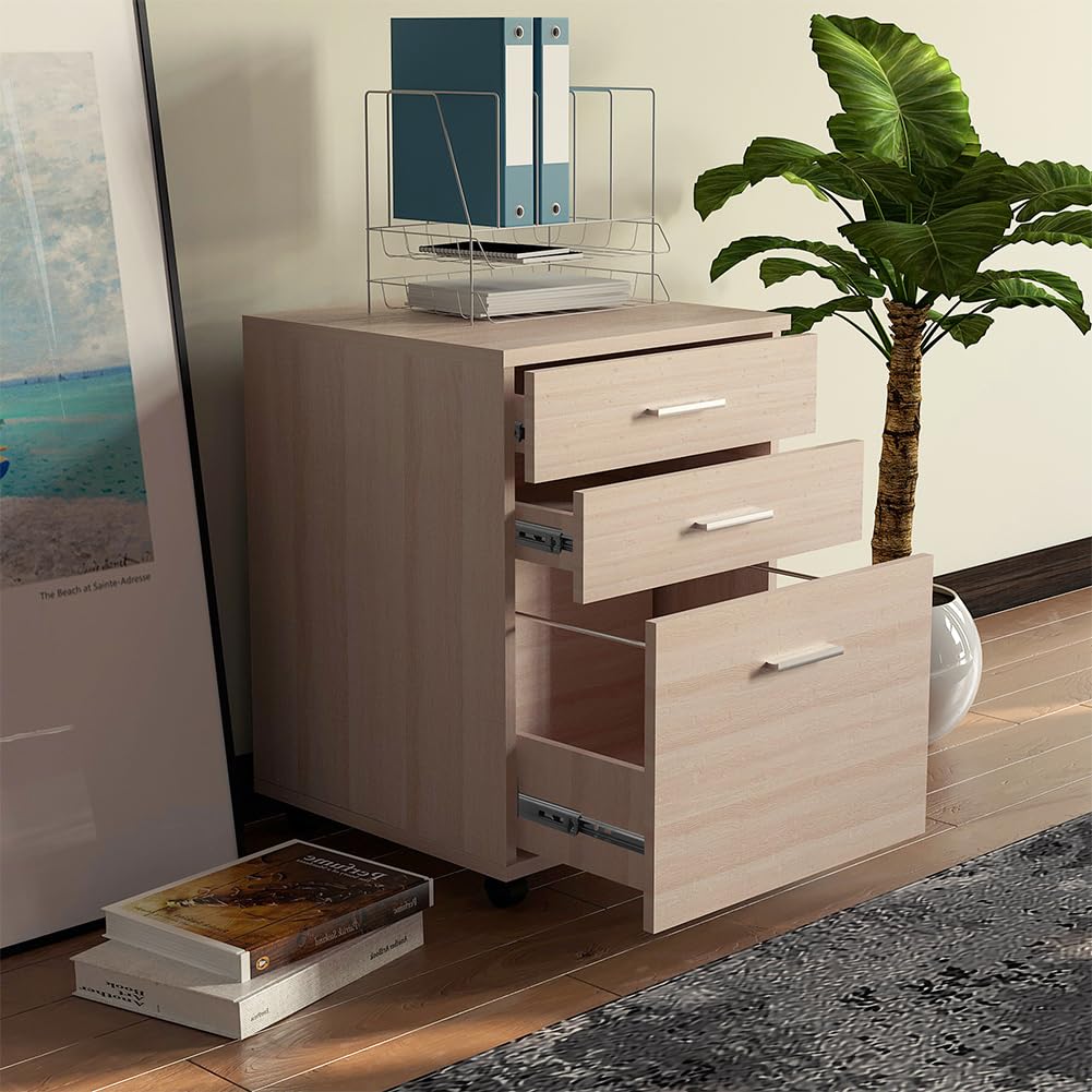 BAKAJI Cajonera móvil para escritorio, mueble para impresora de madera MDF con 3 cajones y 4 ruedas giratorias, diseño moderno, decoración para casa u oficina. Dimensiones: 46,5 x 45 x 64 cm (Olmo)
