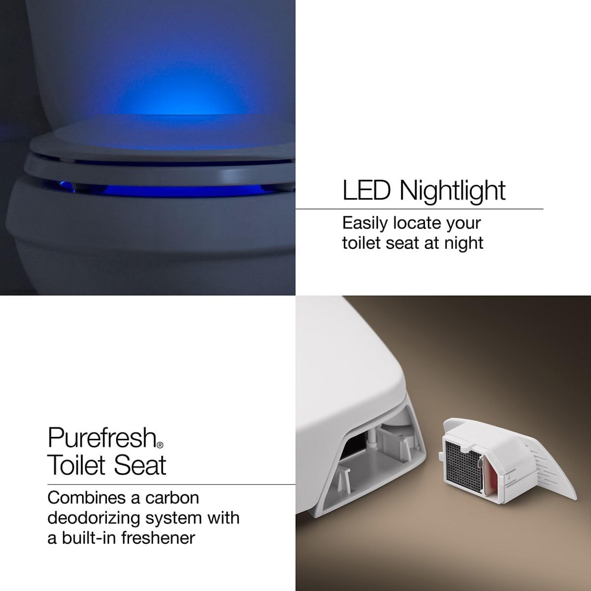 KOHLER K-5588-0 Purefresh Elongated Deodorizing Toilet Seat with Nightlight, Grip-Tight Bumpers, Quiet-Close Seat, Quick-Release Hinges, Quick-Attach Hardware, No Slam Toilet Seat, White
