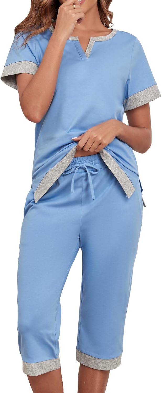 Viakeo Cotton Pajama Sets For Women Soft Sleepwear 2 Pieces Lounge Set Comfy Top And Capri Pants With Pockets S-3XL
