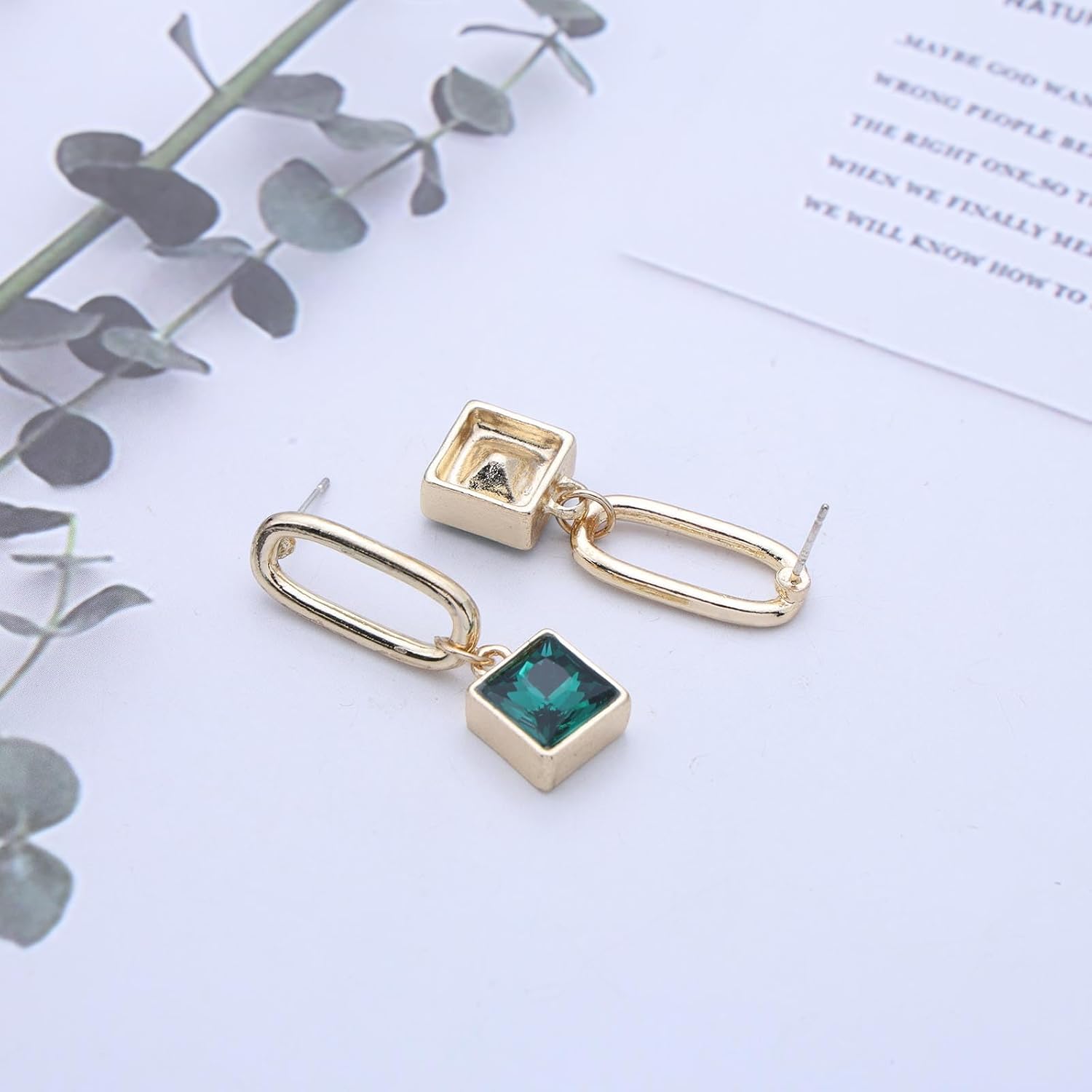 Vintage Emerald Dangle Earrings Gold Square Drop Earrings Green Emerald Crystal Earrings Crystal Wedding Earrings Geometry Hollow Square Earrings - Image 4