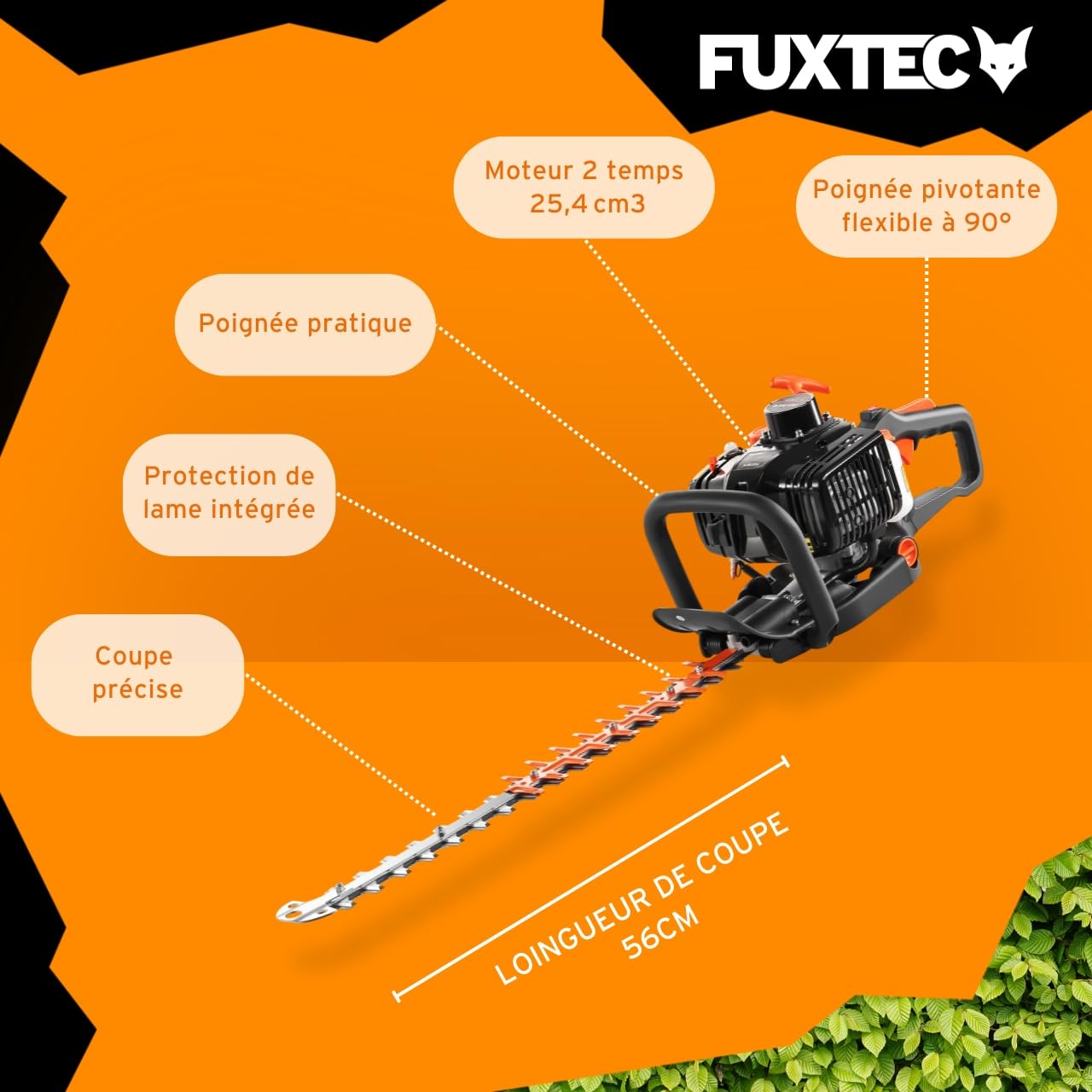 FUXTEC Taille-Haies Thermique FX-MH123ECO – Moteur 2T 25,4 cm³, Lame 560 mm, Coupe 28 mm, Ergonomique & Vibrations réduites