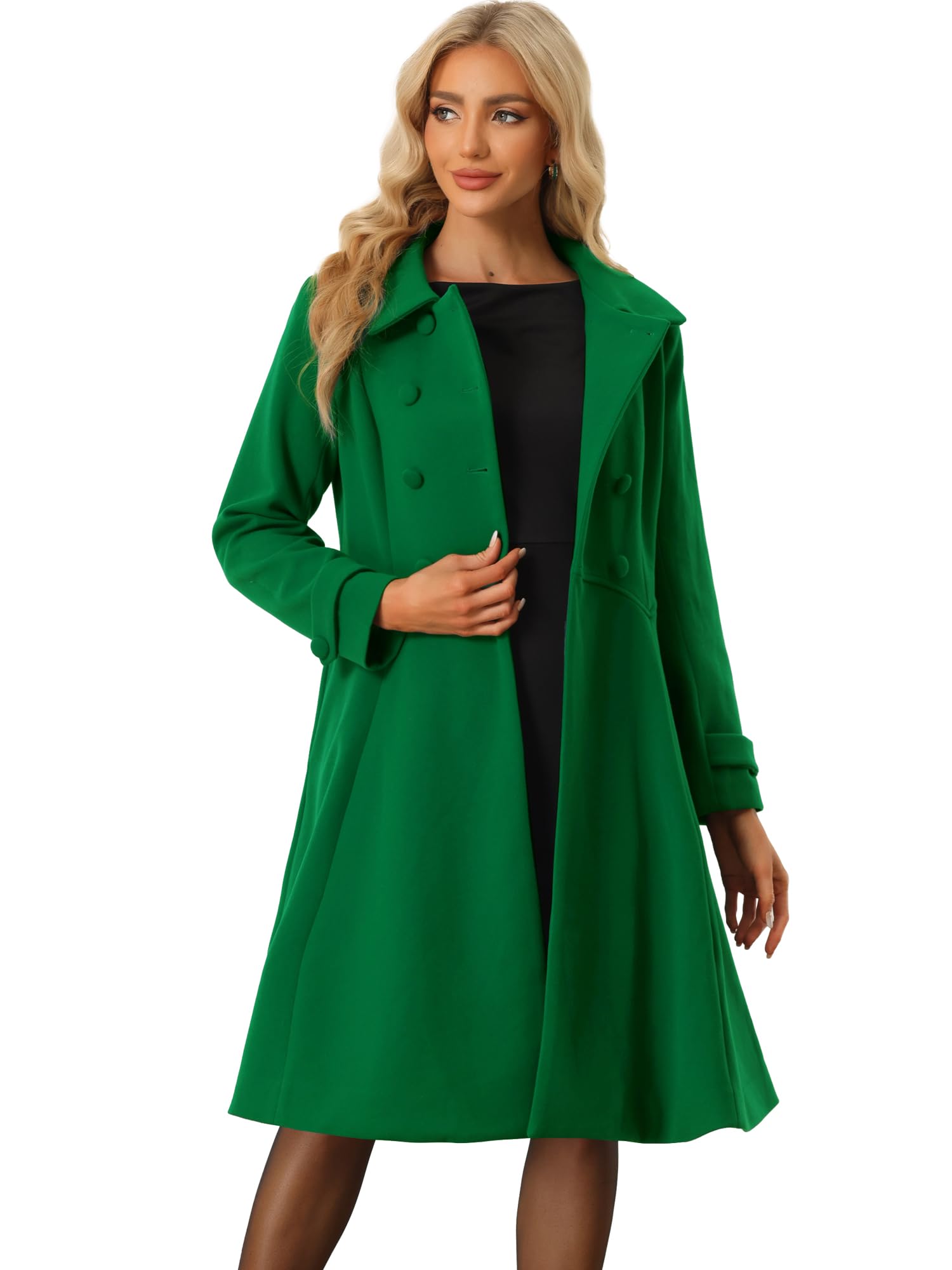 Photo 1 of Allegra K Women's Winter Coat Overcoat Lapel Collar Long Swing A Line Double Breasted Pea Coat X-Small Green