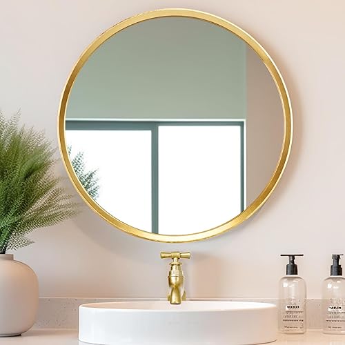 Espejo redondo dorado de 24 pulgadas, espejo redondo grande con marco de madera, espejo de pared dorado para baño, espejos circulares de pared,