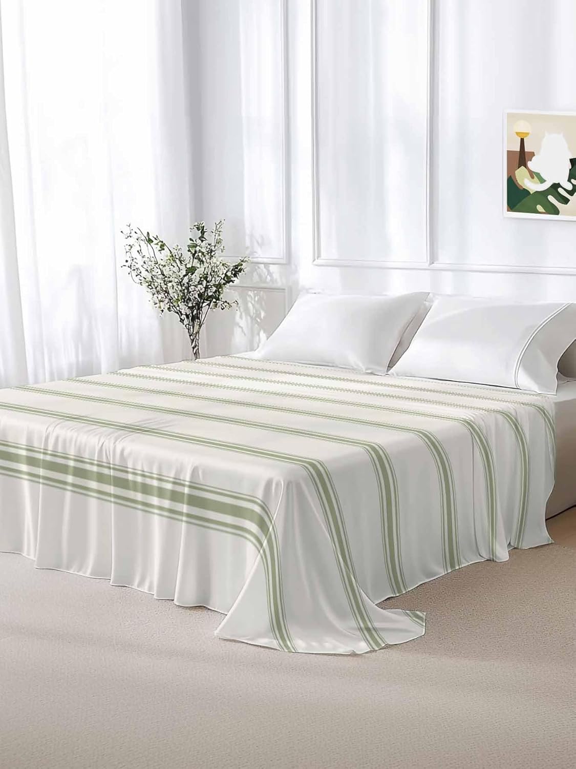 Queen Flat Sheet Top Sheet Only, Sage Green Stripe Minimalist Art Soft Microfiber Breathable Bed Sheets, Modern Geometric Pinstripes Hotel Luxury Bedding Flat Sheets