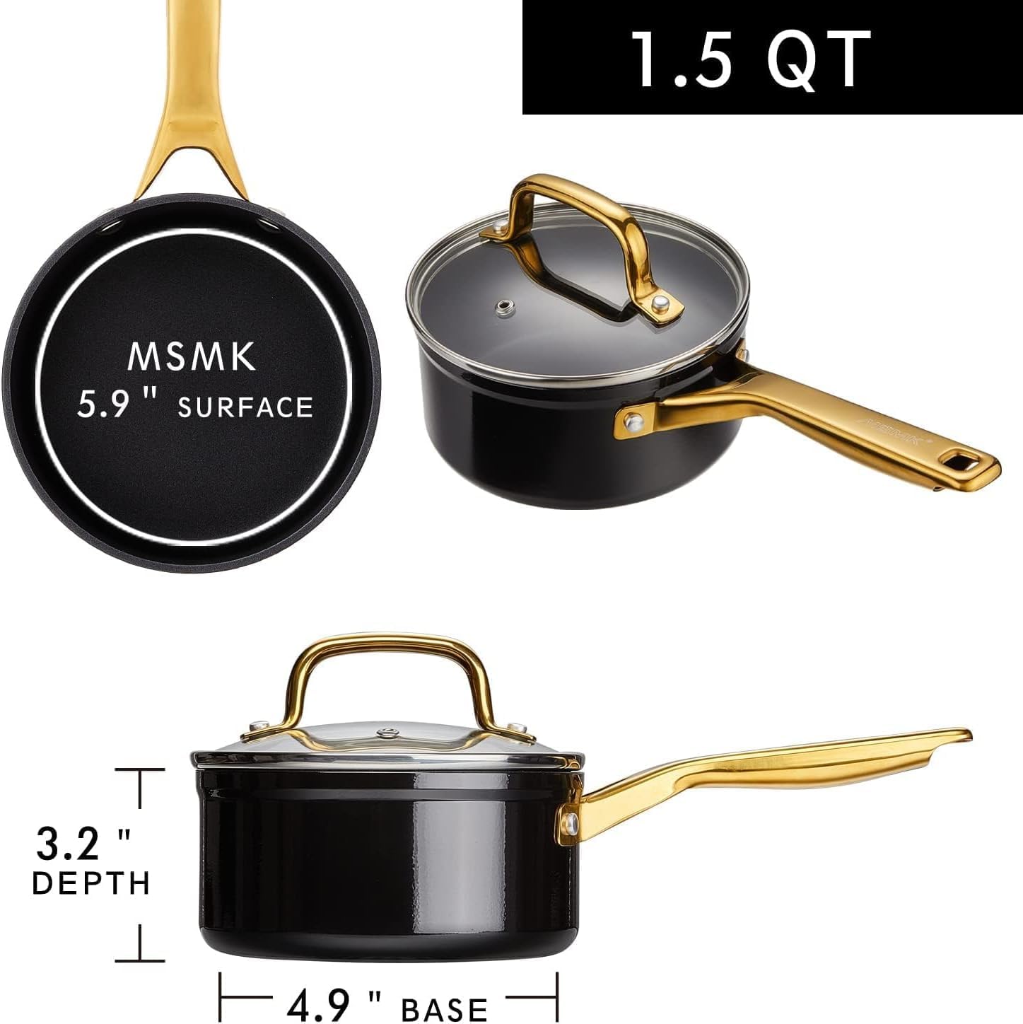 MSMK 1.5 QT Enamel Black Sauce Pan with Lid, MSMK Designed Enamel Exterior Coating Withstand High Temperature And Fade Resistance, Pfoa Fre, Burnt Also Non Stick, Oven Safe, Dishwasher Safe