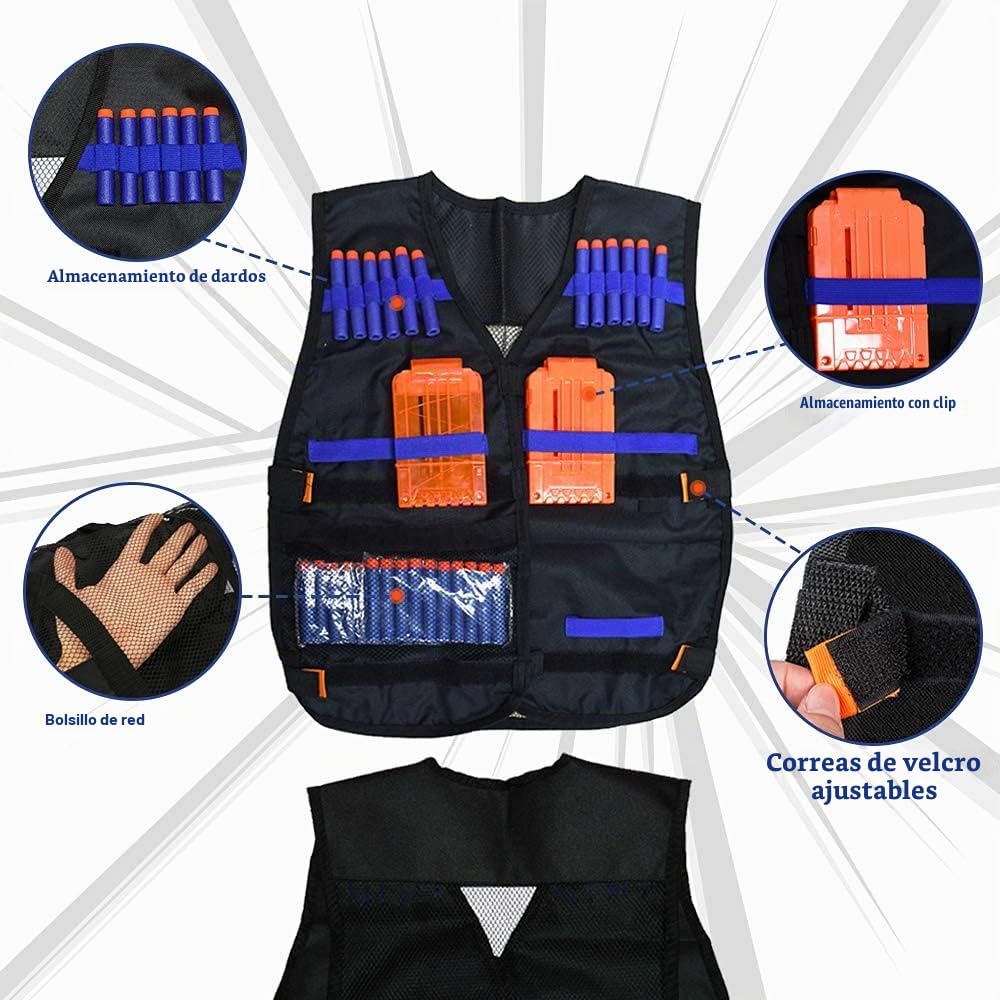 WORKER Kit de chaleco táctico para niños Nerf Guns N-Strike Elite Serie con 40 bolas de relleno, 2 clips de recarga, bolsa de dardos, máscaras tácticas, pulsera de mano y gafas de protección para niño