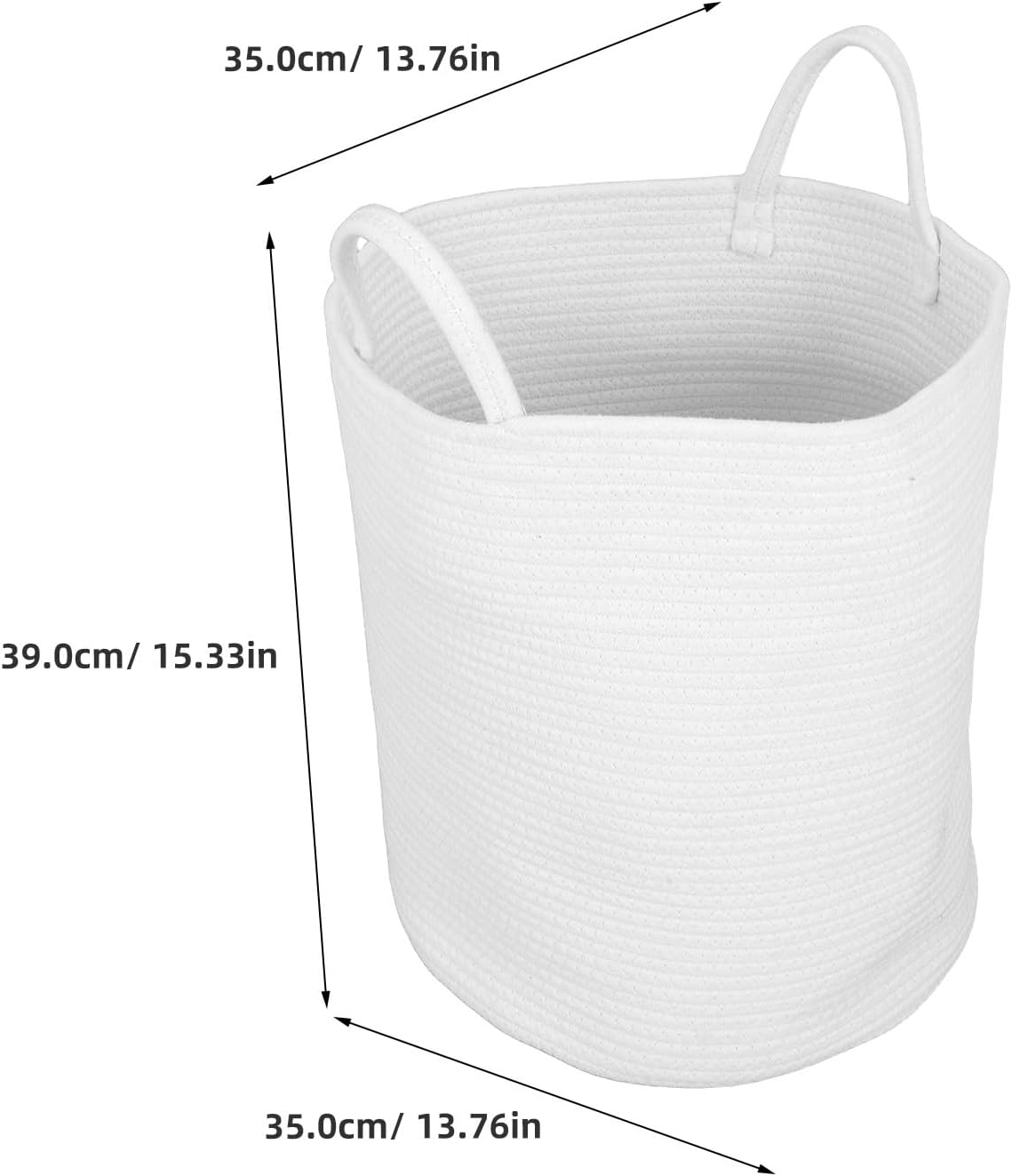 Laundry Basket, Large Cotton Rope Laundry Hamper - 35 X 39 Cm/15 X 14 Inch Collapsible White Storage Bin with Handles for Dirty Clothes, Toys and Blankets