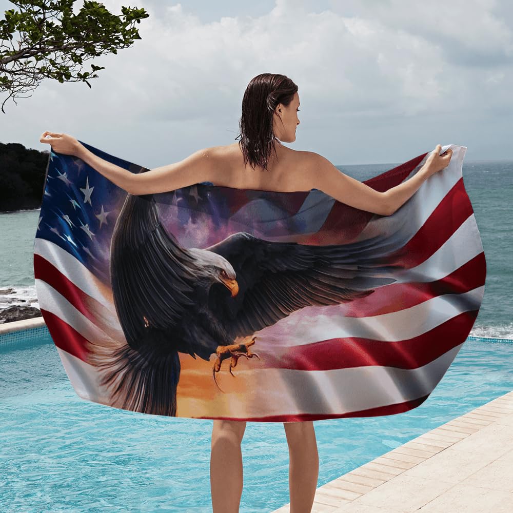 Jeminise Custom Flag Beach Towel - Personalized Patriotic Beach Towels with Name, Oversized Quick Dry Beach Towels for Girls for Men - Eagle Beach