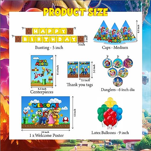 Image of PRETTY UR PARTY Mario Bros Party Decorations Kit - 80 pcs Include Bunting, Balloons, Thank You, Centerpiece, Danglers, Caps, DIY Party Supplies Decor for Kids,Paper,Red, Blue, Green, Yellow