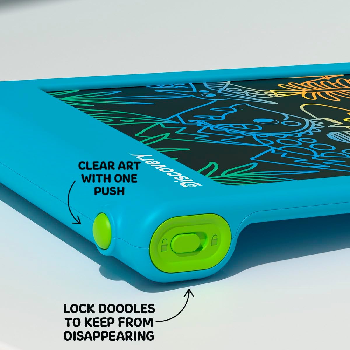 Close-up of the erase button and screen lock switch on the Discovery Bright Doodles LCD Art Tablet