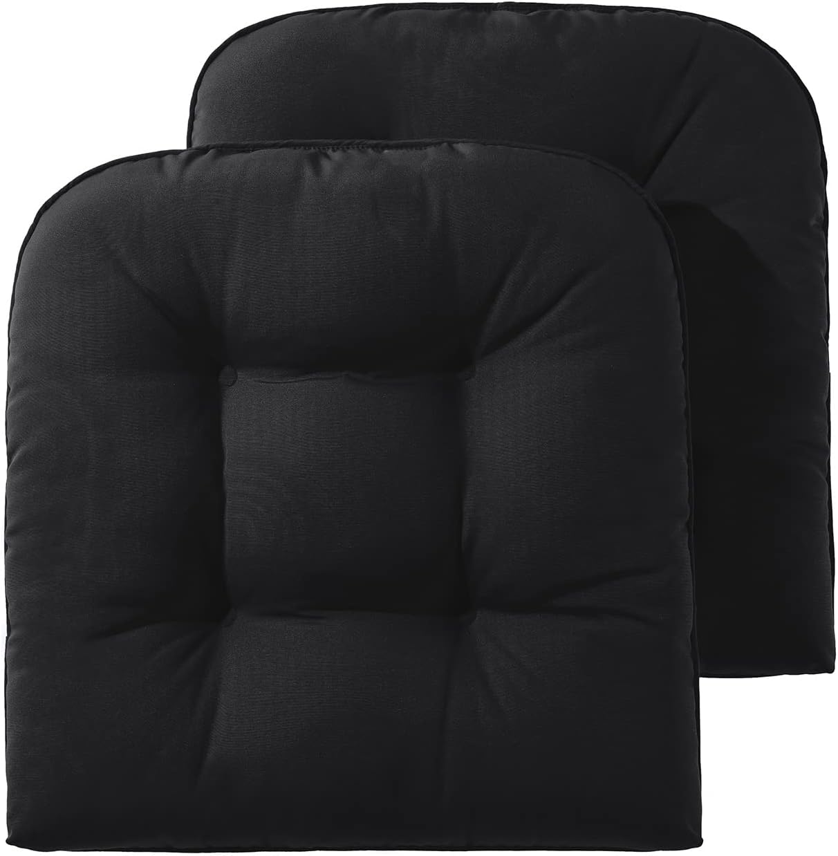 downluxe Outdoor Chair Cushions, Waterproof Tufted Overstuffed U-Shaped Memory Foam Seat Cushions for Patio Funiture, 19" x 19" x 5", Black, 2 Pack