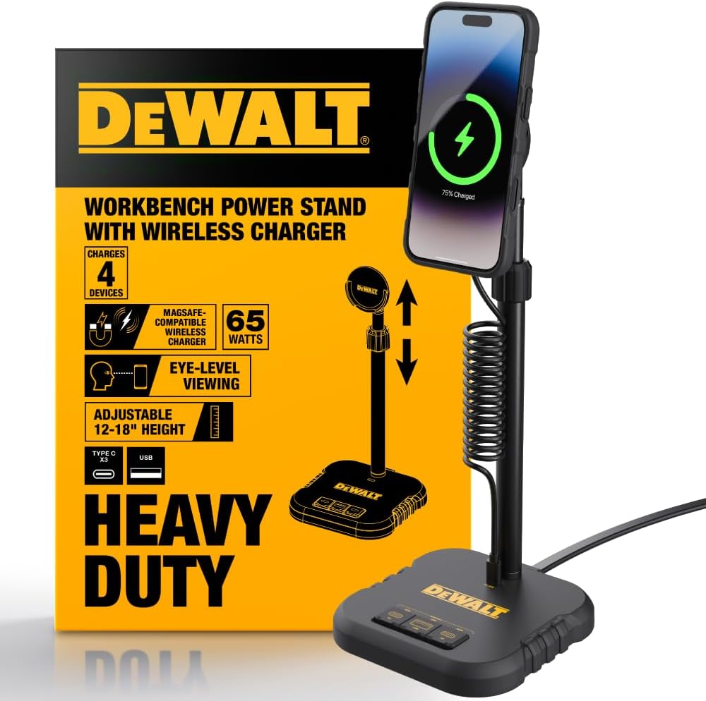 DEWALT Heavy Duty Magnetic Wireless Charging Stand w/USB Ports, Compatible MagSafe Charger Adjustable Workbench Stand w/Wireless Charger iPhone Compatible, 3 Type C 1 USB Multi-Device Charging Station