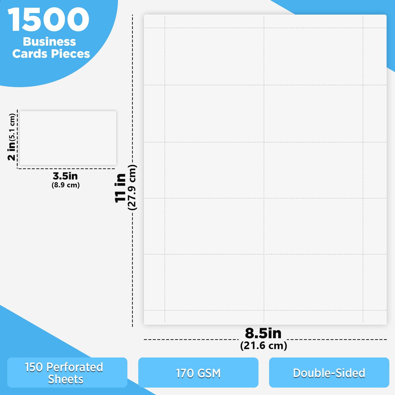 gisgfim 1500 tarjetas de visita en blanco imprimibles de 3.5 x 2 pulgadas, color blanco mate, papel perforado, compatible con impresora láser y de inyección de tinta, impresión de doble cara, peso