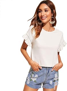Romwe Women's Short Sleeve Ruffle Trim Contrast Lace Summer Blouse Top