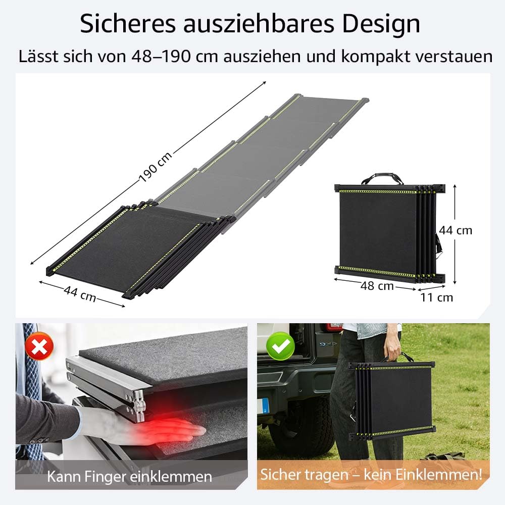 Unipaws 190 cm extra Lange Hunderampe für Auto, SUV & LKW, ausziehbare tragbare Haustier-Treppenrampe mit Rutschfester Oberfläche, reflektierenden Streifen & sanfter Steigung für Hunde bis 68 kg