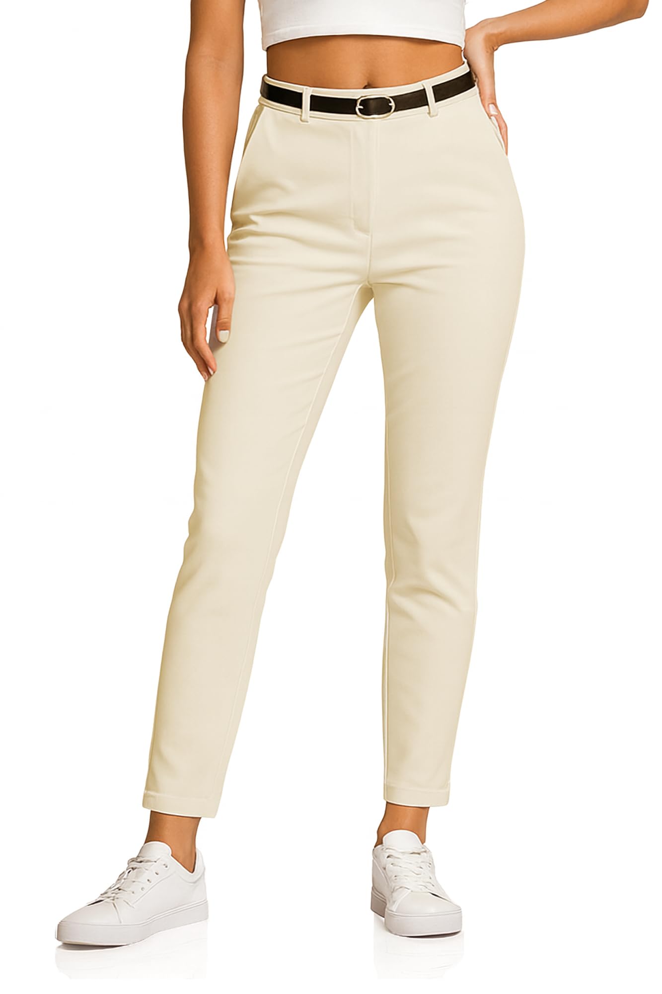 Kendindza Chino Damen Hose Stretch mit Gürtel Stoffhose Damen elegant lang Stretchhose weiches Material Beige XXL