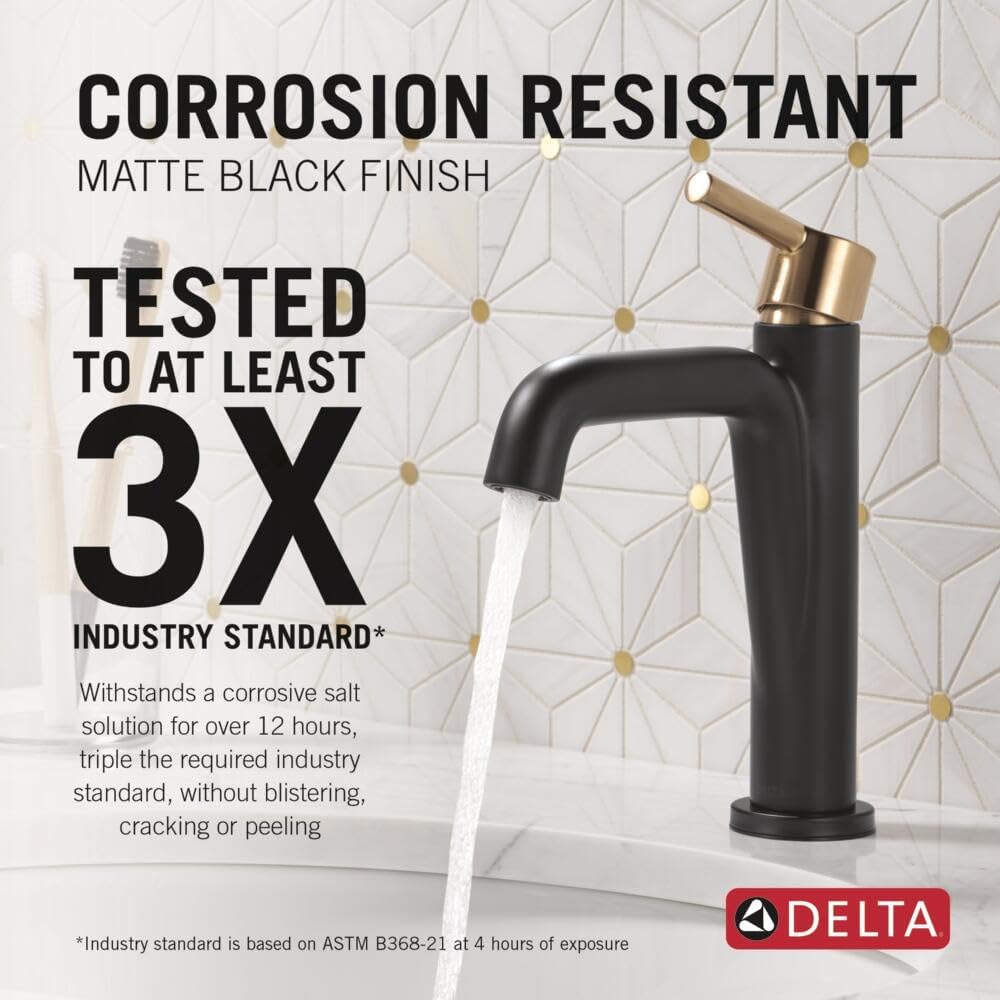 Delta Nicoli Matte Black/ Brushed Gold Bathroom Faucet 1 Hole, Single Hole Bathroom Sink Faucet for Vanity, Push-Pop Drain Assembly, Matte Black/ Champagne Bronze 15849LF-GZ