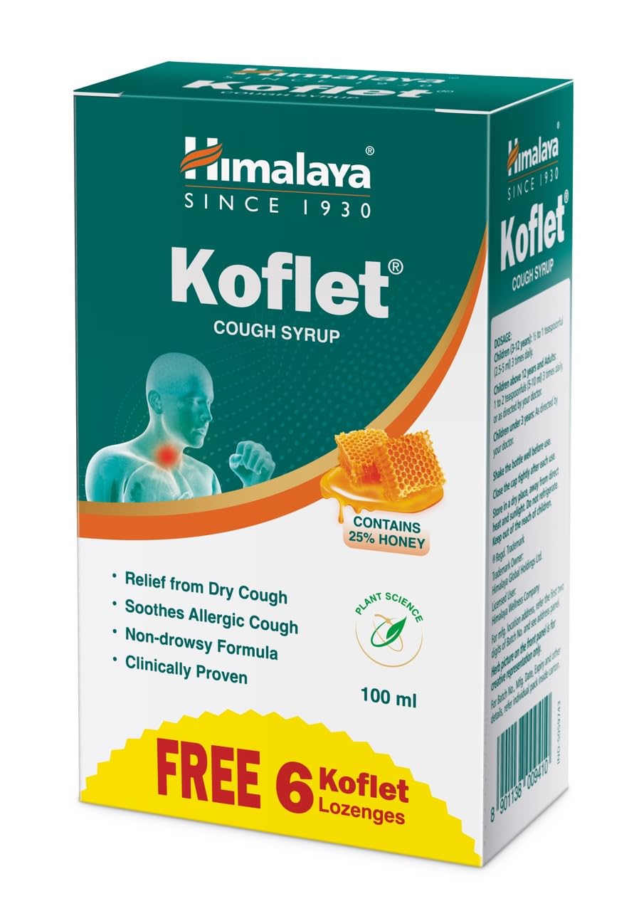 Himalaya Kolfet Cough Syrup 100 ml + 6 Koflet lozenges Free Herbal| Non-Drowsy Formula| 25% Honey| Wet & Dry Cough | Sore throat | Irritation 8
