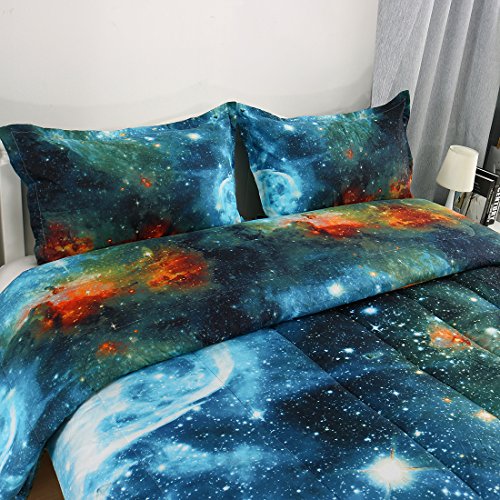 Uxcell Full/Queen Size Galaxies Blue Comforter Sets - 3D Outer Space Themed - All-Season Down Alternative Quilted Duvet - Reversible Design- Includes 1 Comforter, 2 Pillowcases #TOP3