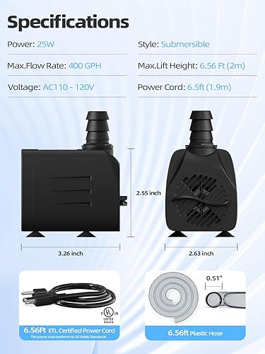 Miniatura 2 de Bomba de agua sumergible de 400 GPH (1500 LH, 25 W), bomba de fuente duradera para exteriores con tubo de 6.5 pies para acuarios, pecera, fuente de