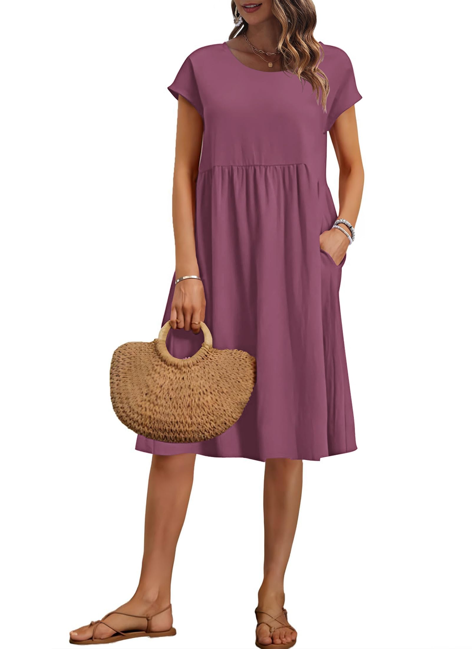 AUSELILY Women's Summer Short Sleeve Knee-Length Dresses Round Neck Loose Dress with Pockets 2026 New