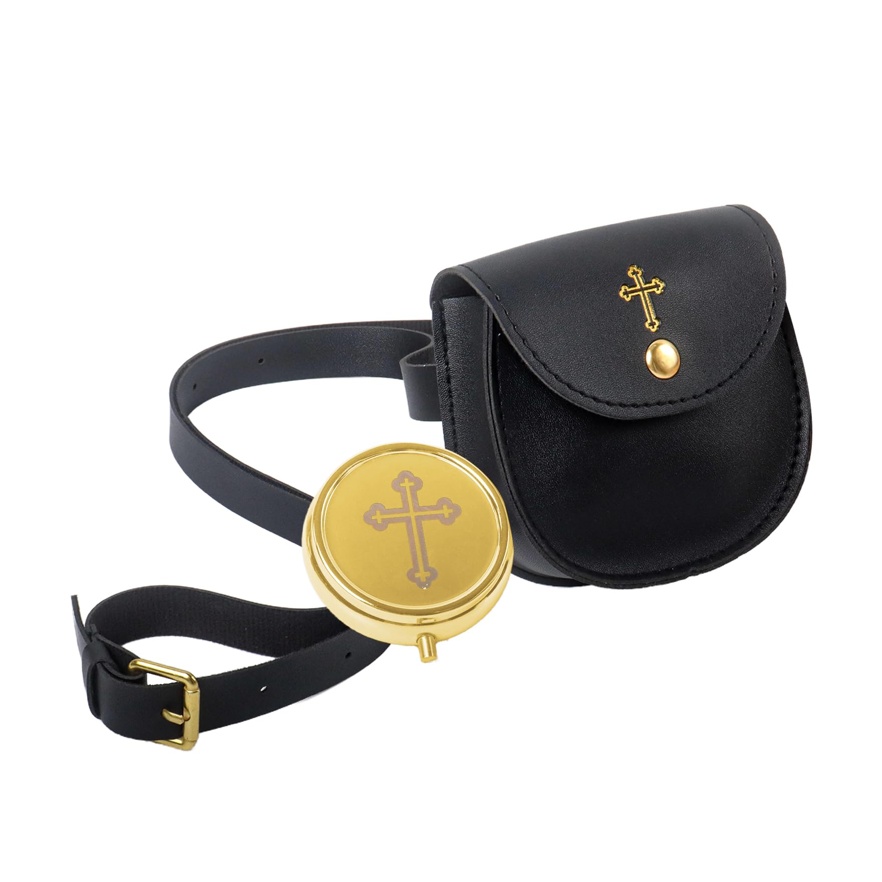 Klmnop Communion Burse for Pyx Gold Cross Pyx Container, Catholic Gold Cross Pyx Bag for Communion Host Priests Deacons, Black-Strap, Classic